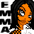 Pixel art contact sheet of a cartoon character with orange skin and black hair in three frames showing subtle facial expression changes against repeated text background.