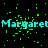 Pixelated cyan text reading "Margaret" repeats across a black background with scattered green pixel clusters, partially obscured by a gray rectangular overlay on the right.