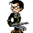 Pixelated character in black suit with gold accents holds a silver gun, standing against gray background with multiple poses showing weapon movement.