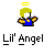 Pixelated character with yellow halo, blonde hair, blue top, and brown arms holding a purple object against gray background.