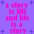 A static image with a purple background displays repeated pink text 'a story is life and life is a story' surrounded by small blue stars.