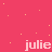 A static image with a bright pink background featuring scattered yellow and orange pixelated stars, displaying four instances of the lowercase text 'julie' in light pink font.