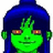 Pixelated green-skinned character with blue hair and orange eyes, surrounded by text on a bright green background.