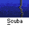 Animated contact sheet showing 24 frames of a scuba diver interacting with sharks in pixel art style, each frame labeled "Scuba" below.