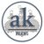 Circular icon with blue border containing stylized lowercase 'ak' letters above a horizontal line and partial text below on white background.