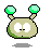 Pixelated character with green antennae and beige body displays multiple facial expressions including wide eyes, narrowed eyes, smiling, and crying.