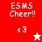 A split-screen pixel art image with red and white sections displaying 'ESMS Cheer!!' text, a '<3' symbol, and star icons in different color states.