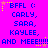 Pixelated text on a bright pink background with yellow star accents, repeating names and 'AND MEEE!!!!' in blue letters.
