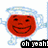 Red circular character with blue halo and limbs, smiling, with black text reading 'oh yeah!' below.