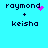Pixelated text 'raymond' and 'keisha' with a plus sign between them on cyan background, animated pink pixel effects near 'raymond'.