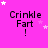 A static image with a bright pink background displays the text "Crinkle Fart!" in black pixelated font, surrounded by white and pink star shapes.