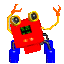 Red robot with yellow eyes and orange arms, blue legs, green digital display on chest, gray background.