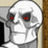 Pixelated grayscale skull with red eyes, partially cropped against a light background with brown and gray elements.