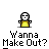 A 3x3 contact sheet of pixel art frames showing a stick figure character with white face and yellow body, each frame displaying the text "Wanna Make Out?" below the character against a gray background.