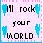 Pixelated icon with pink and white checkered background, four blue heart shapes, and black text reading 'I'll rock your world' in three lines.