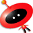 Pixelated red alien head with black eye, white pupils, and orange antennae on a transparent background.
