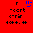 Red background with black text reading "I heart chris forever" and a blue pixelated heart symbol replacing the word "heart".