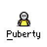 A contact sheet of five animated frames showing a pixelated character in various poses with the word "Puberty" below each frame, including one close-up of facial features.
