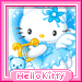 Hello Kitty in a blue dress holding a golden harp, surrounded by blue floral accents and pink borders with 'Hellokitty' text.