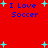Red background with blue text reading "I Love Soccer" and light cyan plus signs scattered across the image.