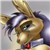 A pixelated close-up of a character's face with golden hair, dark blue hair strands, and a red mouth detail against a light gray background.