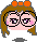 Pixel art of a cartoon character with brown hair, orange bow, pink cheeks, and purple eyes in two side-by-side views showing different facial expressions.