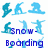 Pixelated blue and cyan figures in various snowboarding poses with partial text overlays on white background.