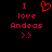 Red pixelated text and symbols on black background: 'I' above 'love', 'Andeas', and '>.>' with a red heart symbol replacing the 'O' in 'love' on the left side.