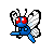 Four pixel-art frames of a blue insectoid character with red eyes and white wings in various poses on a transparent background.