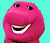 Pixelated pink dinosaur mascot with wide smile on cyan background, text in purple block letters across frames showing sequential reveal of 'AHHHH! IT'S ... BARNEY!!!'
