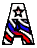 A stylized letter A with a star at the top, featuring red and blue striped patterns that shift