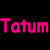 Pixelated pink text "Tatum Tatum" repeats across black background with three white heart icons at top, middle, and bottom.