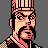 Pixel art portrait of a character with black hair, red facial markings, and a striped headpiece against gray background.