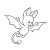 Pixelated grayscale image of a winged creature with large ears, curled tail, and outstretched wings against white background.