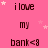 Pink background with repeated text and star graphics, featuring 'i love my bank<3' in dark brown pixelated font, stars scattered throughout, and a gray rectangle in the bottom-right corner.