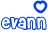 Two identical blue text 'evann' with white outlines, each above a heart-shaped icon in blue and green.
