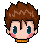 Pixel art contact sheet showing three frames of a chibi-style character with brown hair, blue eyes, and pink cheeks wearing an orange-yellow striped collar against a gray background.