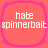 Four identical square icons with rounded corners, each displaying 'hate spinnerbait' text on a coral background with a pink border.
