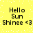 Yellow background with white pixelated dots, displaying four identical text blocks reading "Hello Sun Shinee <3" in black pixelated font.