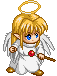 Pixelated angel character with blonde hair, blue eyes, white wings, golden halo, and brown shoes holding a staff with red gem.
