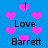 Blue background with pink pixelated hearts and repeated text 'Love Barrett' in black font.