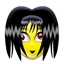Yellow-skinned character with black hair and red eyes in a of six showing facial expression changes