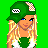 Pixel art contact sheet showing three frames of an animated icon with a blonde character in green cap, white tank top, blue jeans, and text "happy saint pattys" on bright green background.