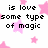 Pixelated text reads 'is love some type of magic' in black block letters on white background with pink star shapes scattered around.