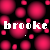 A static image with a black background filled with overlapping red circles of varying sizes, featuring repeated white text 'brooke' in pixelated font and small heart symbols.