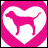 A static icon features a pink dog silhouette inside a white heart shape, set against a solid pink background.