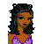 Pixelated cartoon character with dark curly hair in a purple top, next to a gray-shirted figure with blue jeans and a purple dress section, with text below