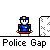 Pixel art scene with blue-uniformed figures, white pillars, and red figures in various poses across multiple