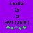 Purple background with black text reading 'Malik is a HOTTIE!!!!!' and five green plus symbols below, two of which change color between frames.