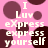 Pixelated pink background with dark purple circles and white text reading "I Luv eXpress express yourself" in multiple